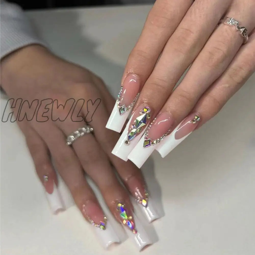24Pcs Extra Long Square Head False Nails White Solid Simple French Fake Nail Wearable Ballet Press