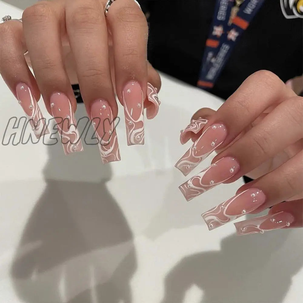 24Pcs Extra Long Square Head False Nails White Solid Simple French Fake Nail Wearable Ballet Press