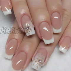 24Pcs Glitter Short Square Head False Nail With French Edge Full Cover Fake Nails Tips Wearable