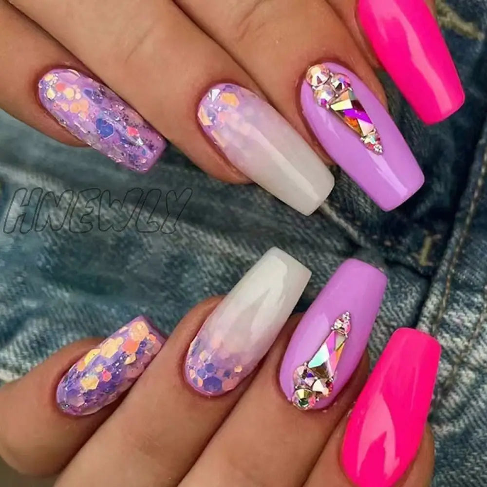 24Pcs Press On Nails Wearable Fake Pink Gradient Glitter Butterfly Rhinestones False Nail Full
