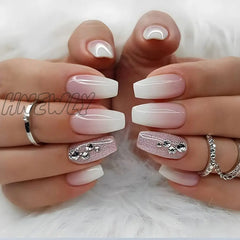 24Pcs Press On Nails Wearable Fake Pink Gradient Glitter Butterfly Rhinestones False Nail Full