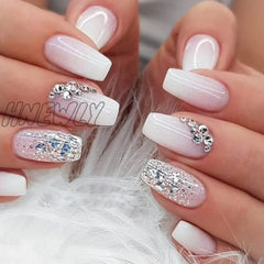 24Pcs Press On Nails Wearable Fake Pink Gradient Glitter Butterfly Rhinestones False Nail Full