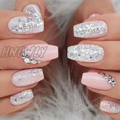 24Pcs Press On Nails Wearable Fake Pink Gradient Glitter Butterfly Rhinestones False Nail Full