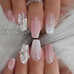 24Pcs Press On Nails Wearable Fake Pink Gradient Glitter Butterfly Rhinestones False Nail Full