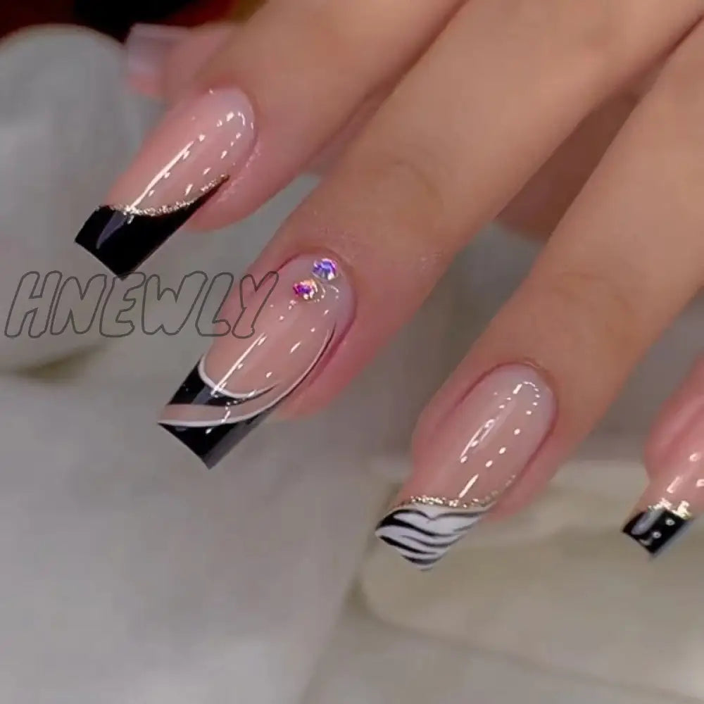24Pcs Press On Nails Wearable Fake Pink Gradient Glitter Butterfly Rhinestones False Nail Full
