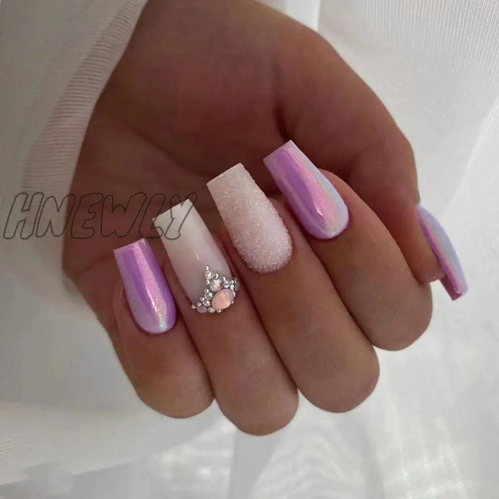24Pcs Press On Nails Wearable Fake Pink Gradient Glitter Butterfly Rhinestones False Nail Full