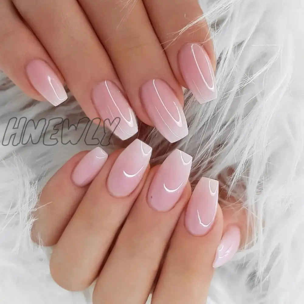 24Pcs Press On Nails Wearable Fake Pink Gradient Glitter Butterfly Rhinestones False Nail Full