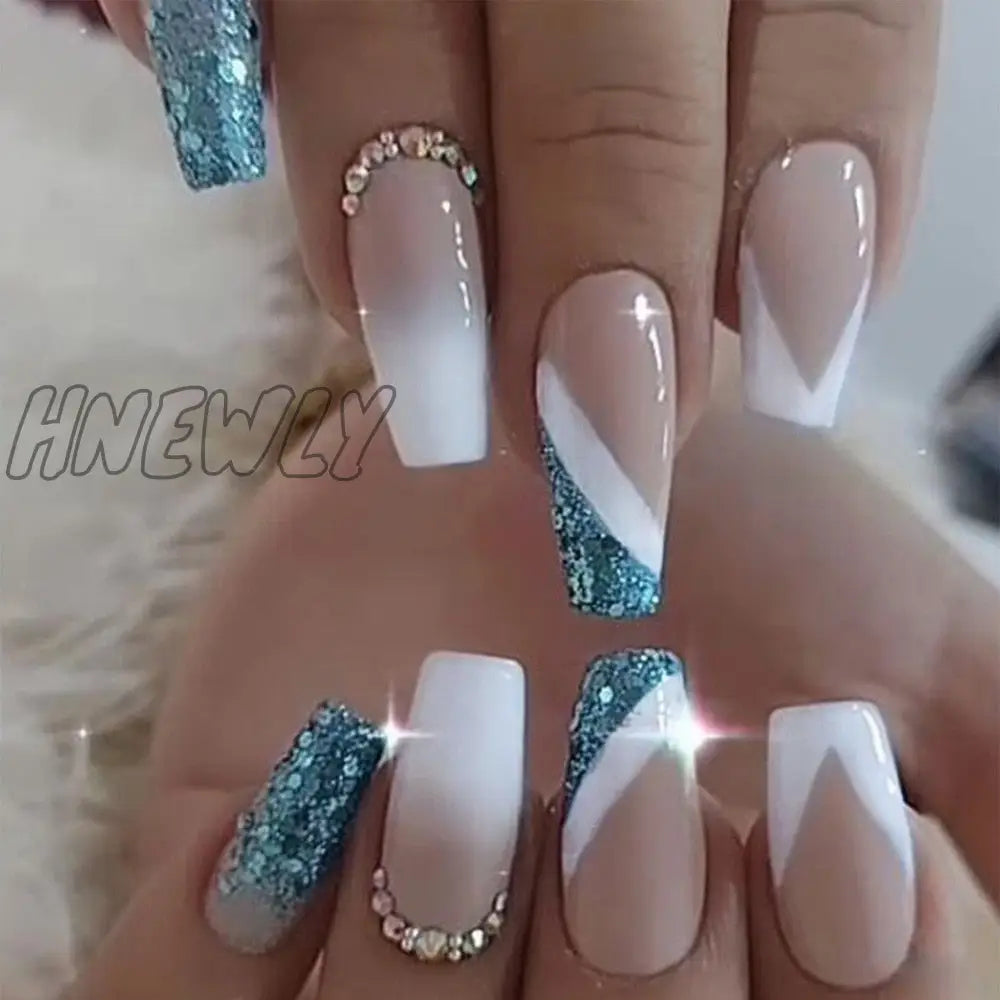 24Pcs Press On Nails Wearable Fake Pink Gradient Glitter Butterfly Rhinestones False Nail Full