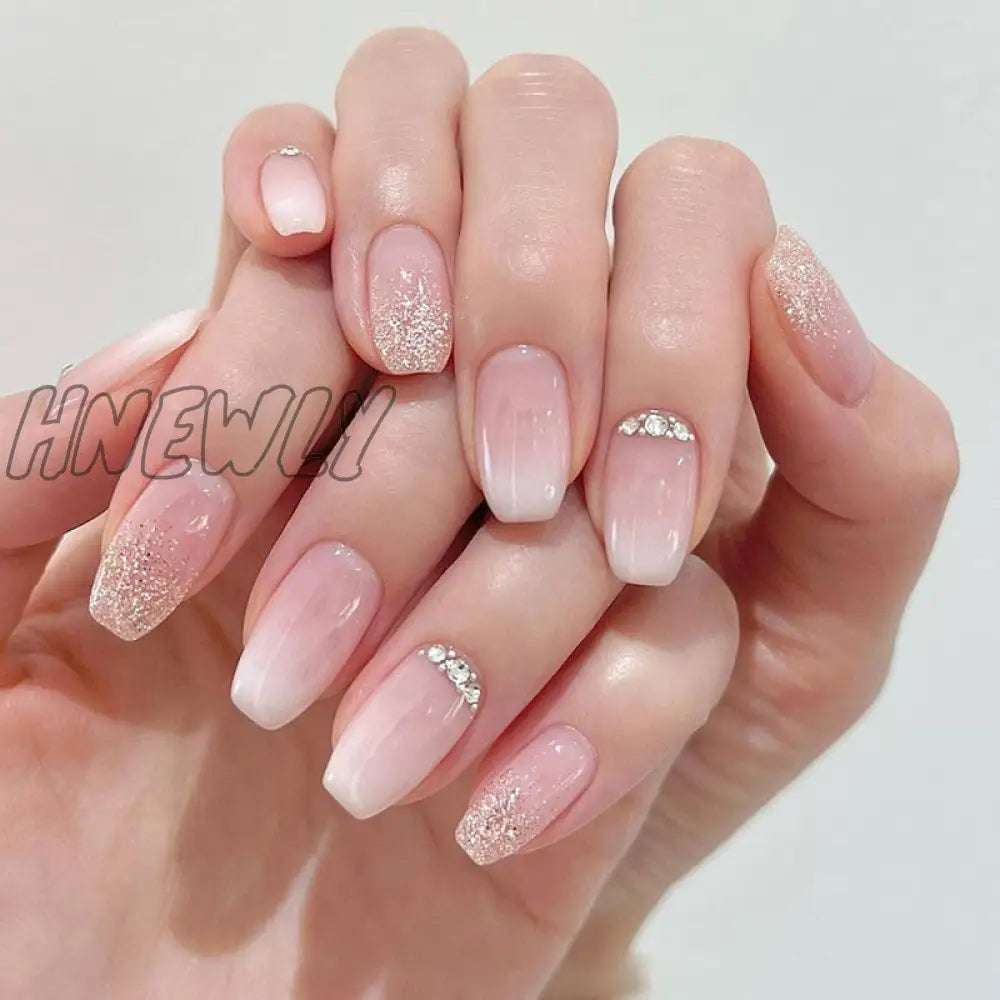 24Pcs Press On Nails Wearable Fake Pink Gradient Glitter Butterfly Rhinestones False Nail Full