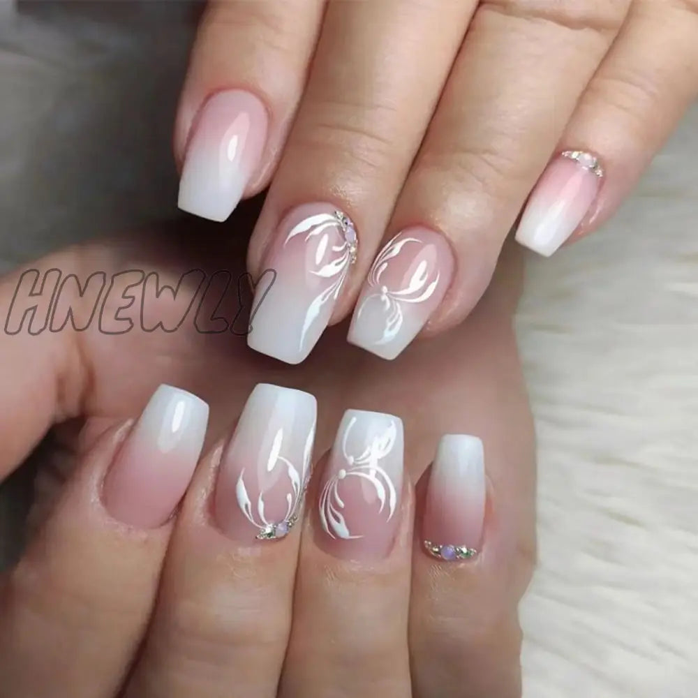 24Pcs Press On Nails Wearable Fake Pink Gradient Glitter Butterfly Rhinestones False Nail Full