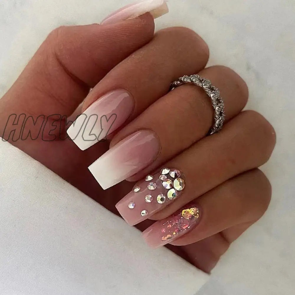 24Pcs Press On Nails Wearable Fake Pink Gradient Glitter Butterfly Rhinestones False Nail Full