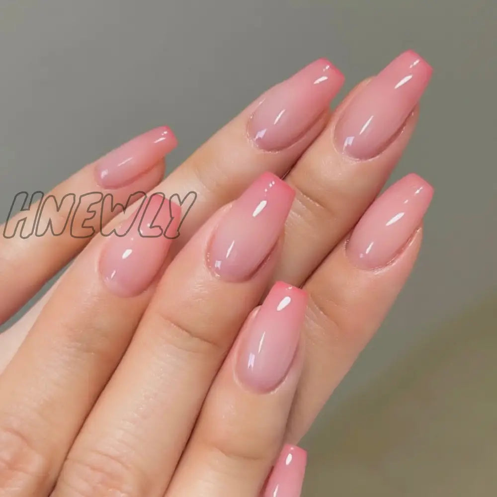 24Pcs Press On Nails Wearable Fake Pink Gradient Glitter Butterfly Rhinestones False Nail Full