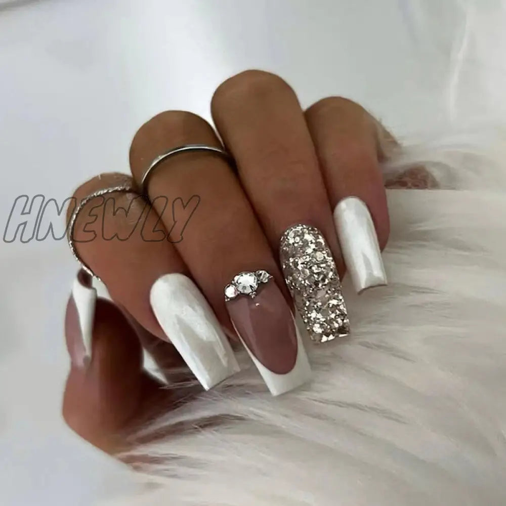 24Pcs Press On Nails Wearable Fake Pink Gradient Glitter Butterfly Rhinestones False Nail Full