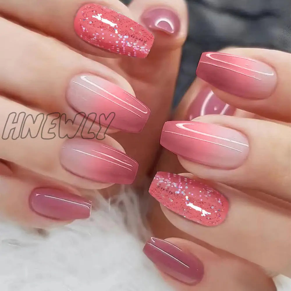 24Pcs Press On Nails Wearable Fake Pink Gradient Glitter Butterfly Rhinestones False Nail Full