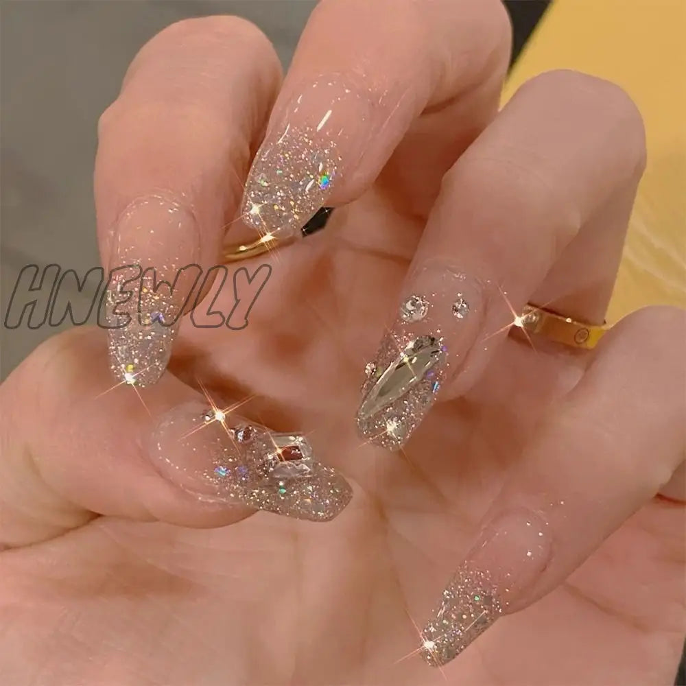24Pcs Press On Nails Wearable Fake Pink Gradient Glitter Butterfly Rhinestones False Nail Full