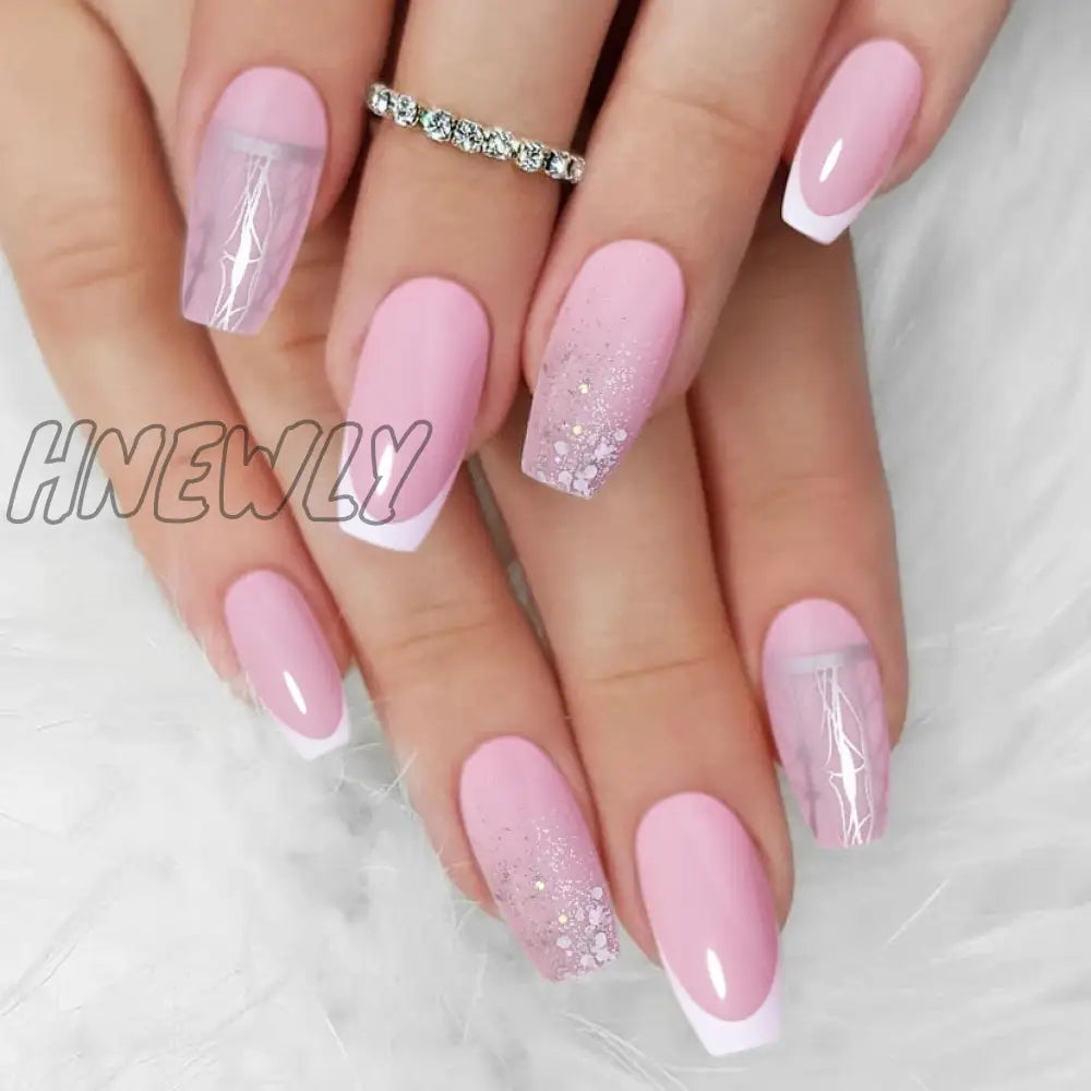 24Pcs Press On Nails Wearable Fake Pink Gradient Glitter Butterfly Rhinestones False Nail Full
