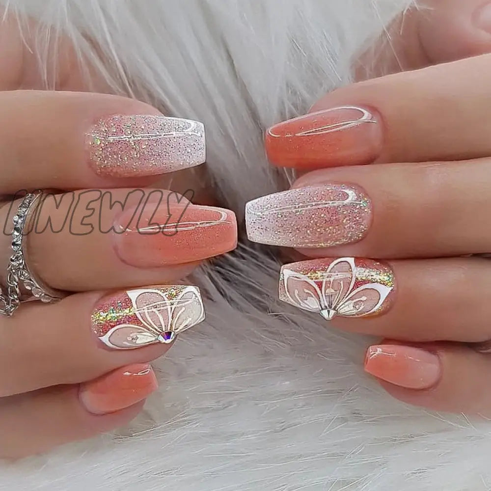 24Pcs Press On Nails Wearable Fake Pink Gradient Glitter Butterfly Rhinestones False Nail Full