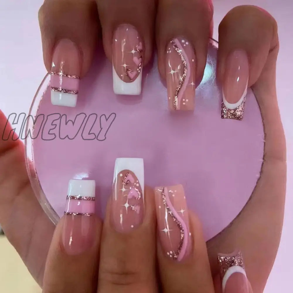 24Pcs Press On Nails Wearable Fake Pink Gradient Glitter Butterfly Rhinestones False Nail Full