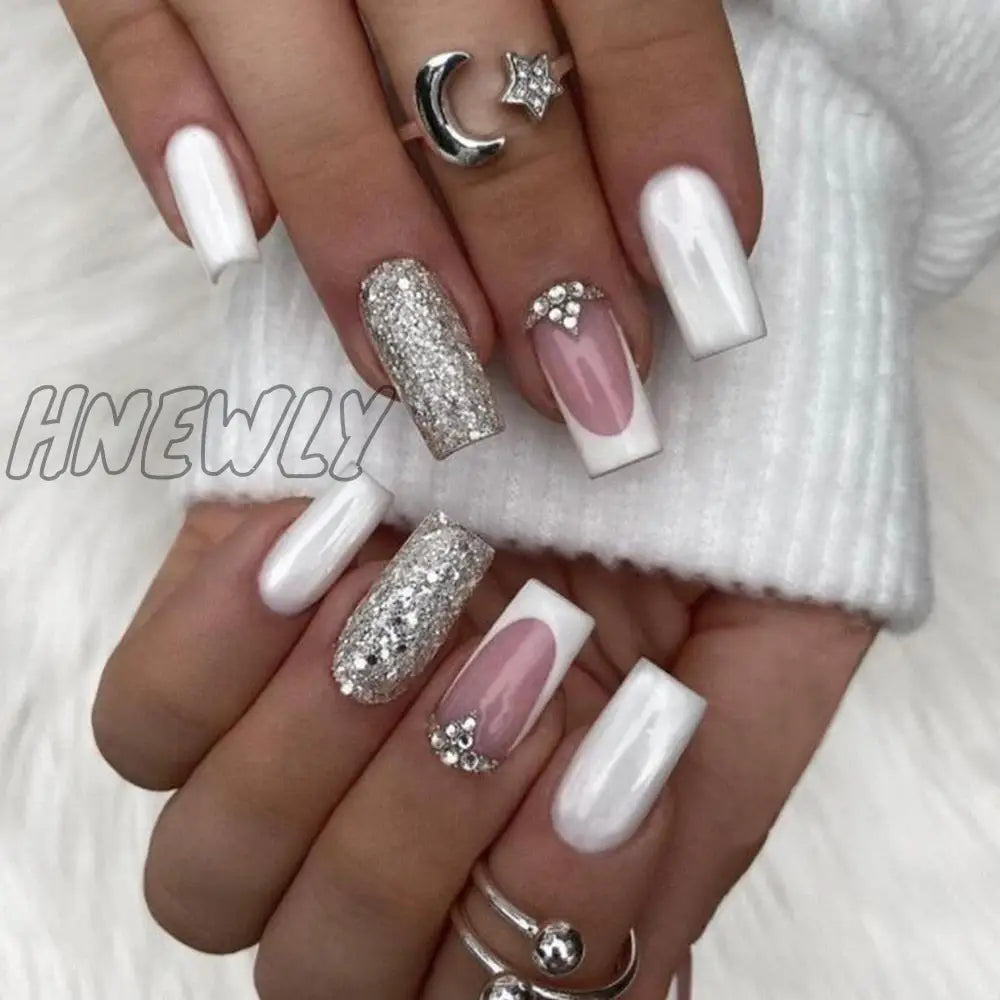 24Pcs Press On Nails Wearable Fake Pink Gradient Glitter Butterfly Rhinestones False Nail Full