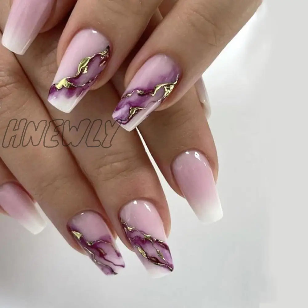 24Pcs Press On Nails Wearable Fake Pink Gradient Glitter Butterfly Rhinestones False Nail Full
