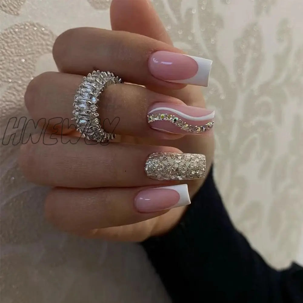 24Pcs Press On Nails Wearable Fake Pink Gradient Glitter Butterfly Rhinestones False Nail Full