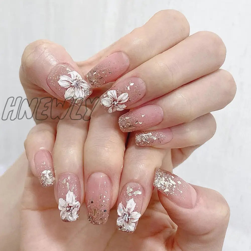 24Pcs Press On Nails Wearable Fake Pink Gradient Glitter Butterfly Rhinestones False Nail Full