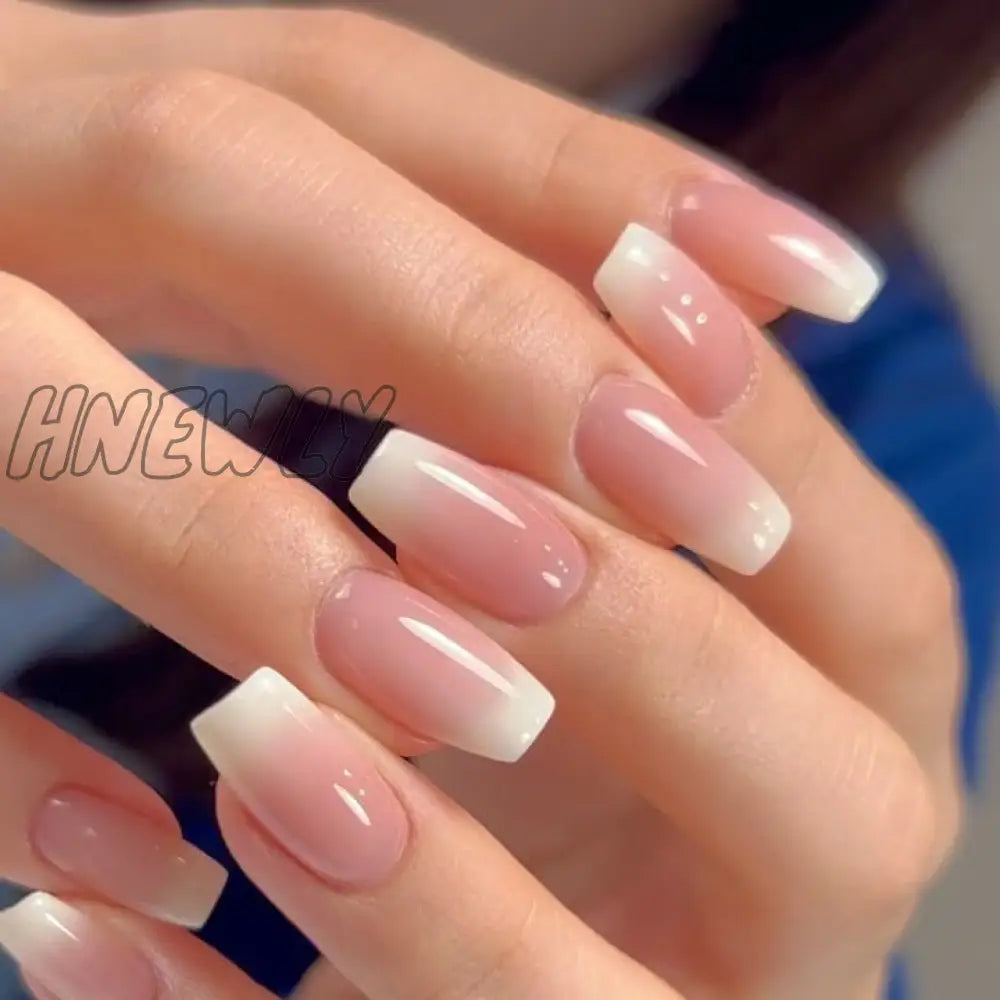 24Pcs Press On Nails Wearable Fake Pink Gradient Glitter Butterfly Rhinestones False Nail Full