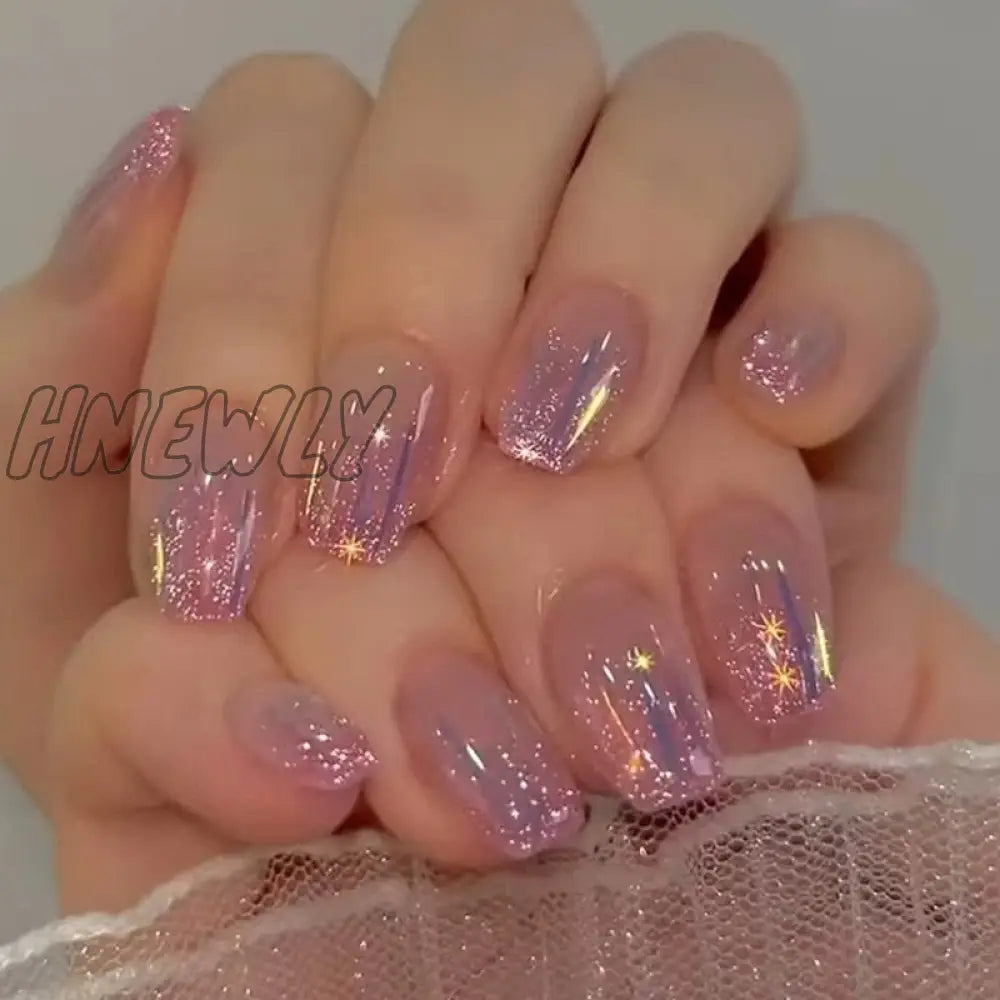 24Pcs Press On Nails Wearable Fake Pink Gradient Glitter Butterfly Rhinestones False Nail Full