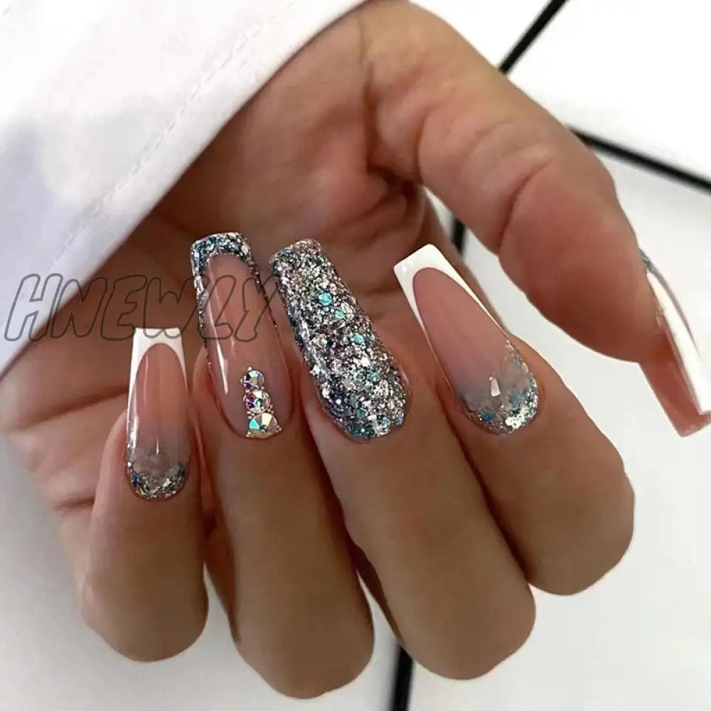 24Pcs Press On Nails Wearable Fake Pink Gradient Glitter Butterfly Rhinestones False Nail Full