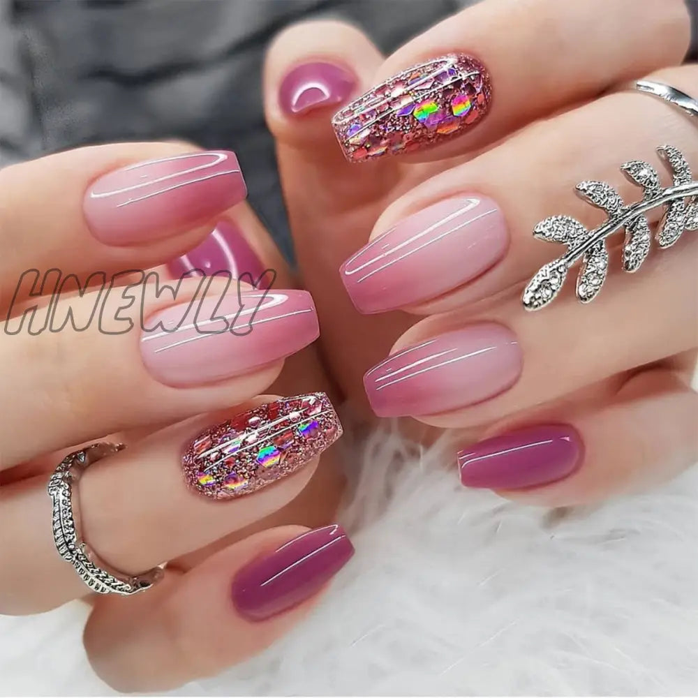 24Pcs Press On Nails Wearable Fake Pink Gradient Glitter Butterfly Rhinestones False Nail Full
