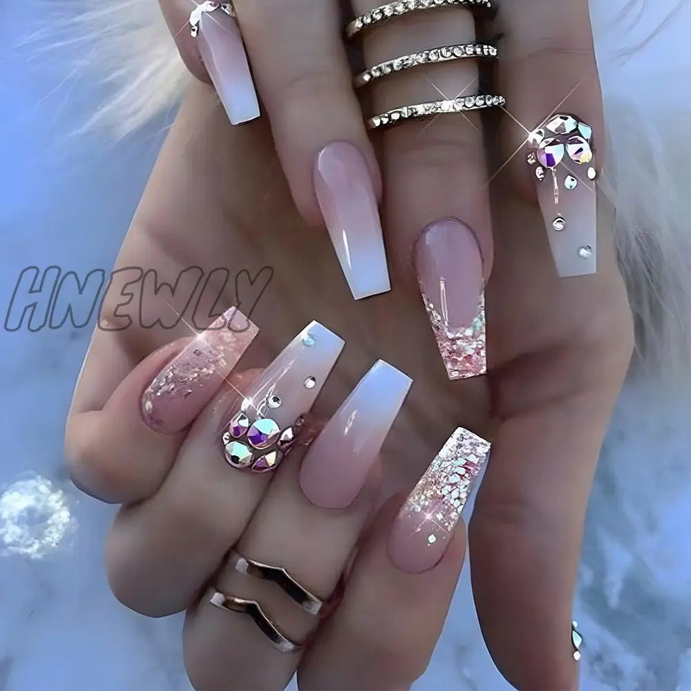 24Pcs Press On Nails Wearable Fake Pink Gradient Glitter Butterfly Rhinestones False Nail Full