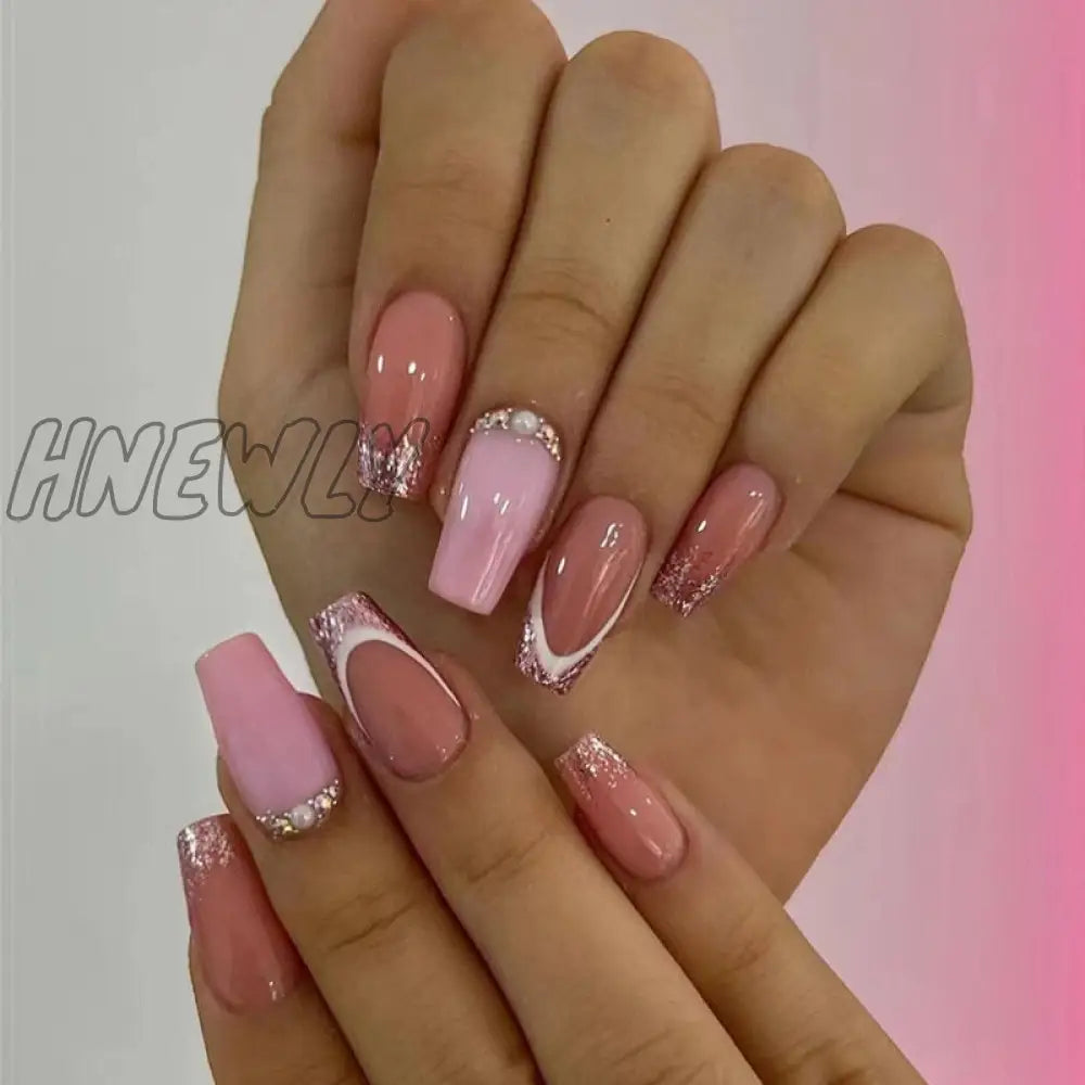 24Pcs Press On Nails Wearable Fake Pink Gradient Glitter Butterfly Rhinestones False Nail Full