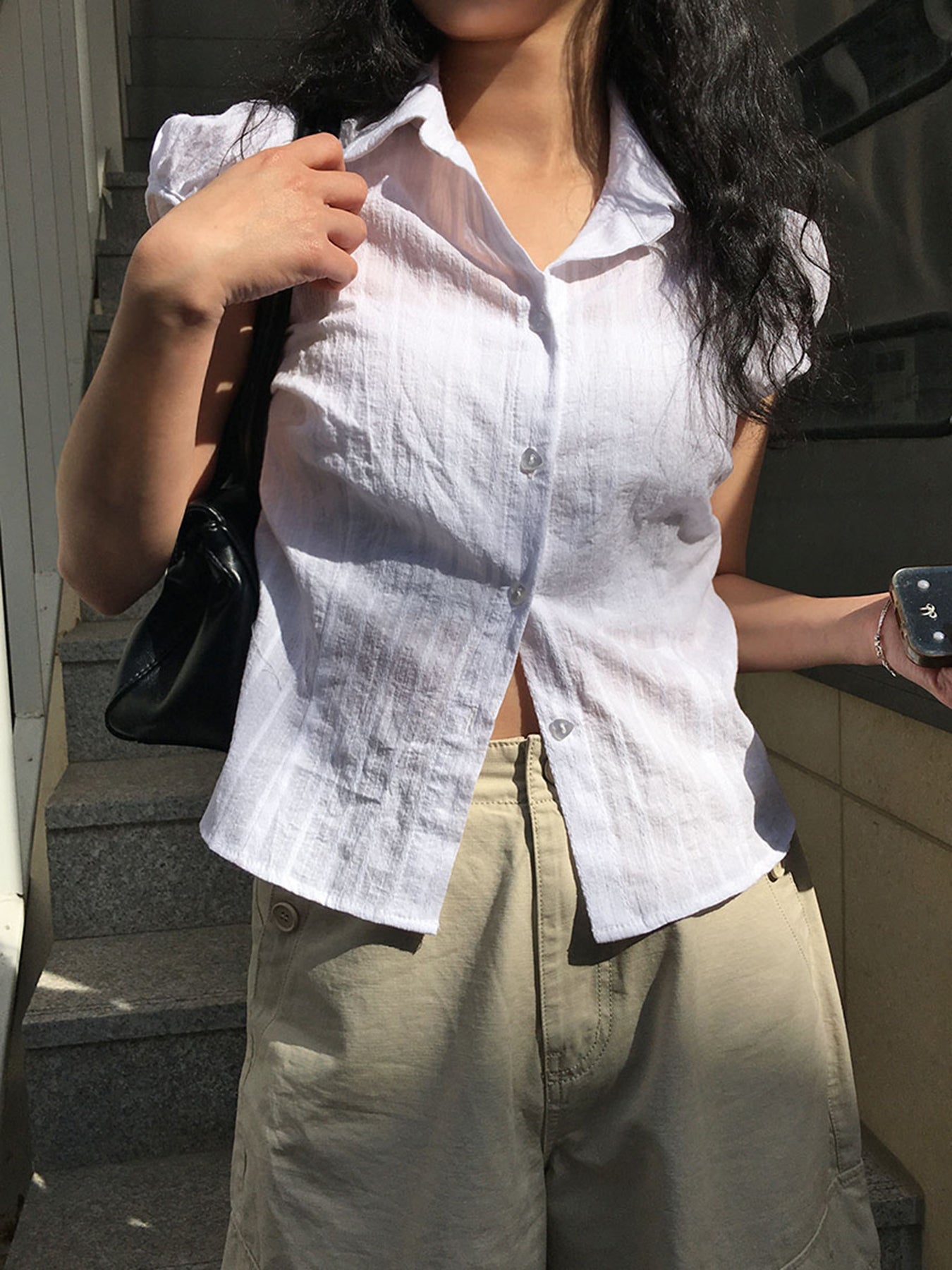 Hnewly - summer inspo White Solid Single Breasted Turn Down Collar Casual Shirts Women Simple Puff Sleeve Japanese Y2K Preppy Summer Tops