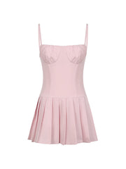 Hnewly - summer inspo Solid Sleeveless Fit And Flared Spaghetti Strap Pleated Dresses Women Sweet Style Summer Clothes