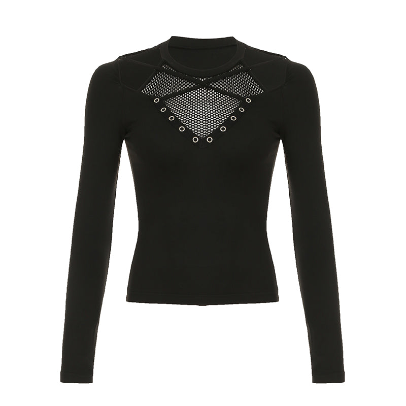 Hnewly - summer inspo Darkly Punk Cothic Women Long Sleeve T-Shirt Patchwork Chic Fabric Cut Out O-Neck Top Tees Slim Sexy Solid Tops