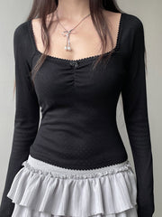Hnewly - summer inspo Korean Fashion Shirring Bow Square Collar Slim Long Sleeve Black T Shirt Women White Solid Basic Cute Japanese Top Tee