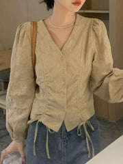 Hnewly Lace Up Button Front Long Sleeve Blouse