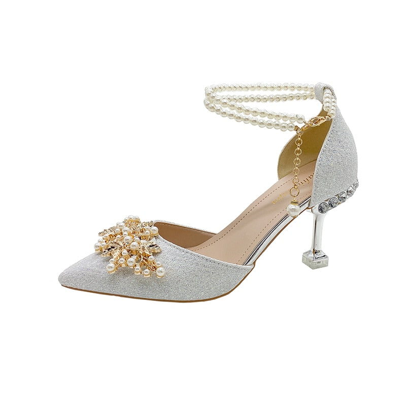 Hnewly Ladies Shoes on Sale New Fashion Pointed Metal Beaded Solid Women's High Heels Summer Leisure Banquet Women Wedding Pump