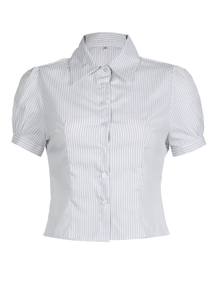 Hnewly - summer inspo White Stripe Puff Short Sleeve Button Shirts For Women Basic Simple Casual Seumme Preppy Tops Y2K Korean Clothes