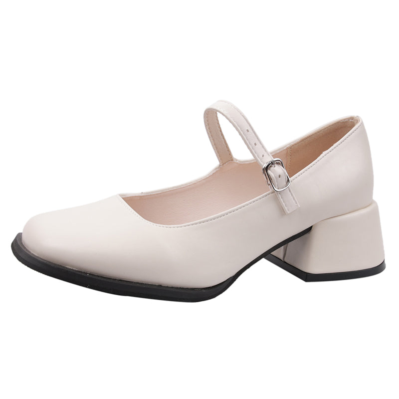 Hnewly Red Med Heels Mary Jane Shoes for Women Square Toe Ankle Buckle Pumps Woman Pu Leather Thick Heeled Party Shoes Ladies