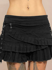 Hnewly - summer inspo Punk Gothic Black Eyelet Ribbon Denim Skirt Women Low Waist Asymmetrical Tiered Pleated Short Jean Skirts Y2K