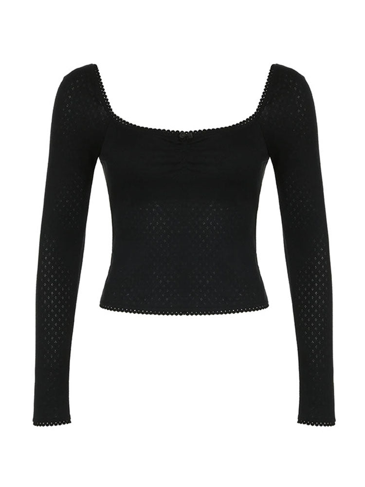 Hnewly - summer inspo Korean Fashion Shirring Bow Square Collar Slim Long Sleeve Black T Shirt Women White Solid Basic Cute Japanese Top Tee
