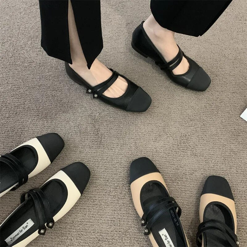 Hnewly New Women's Flats Patchwork Double Buckle Mary Janes Shoes Black Toe Leather Shoes For Female Spring Autumn Zapatos Mujer