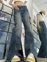 hnewly - Vintage Wash Multi Pocket Zip Up Cargo Jeans HOT