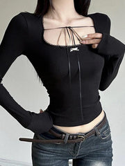 Hnewly Square Neck Bow Tie Up Long Sleeve Tee