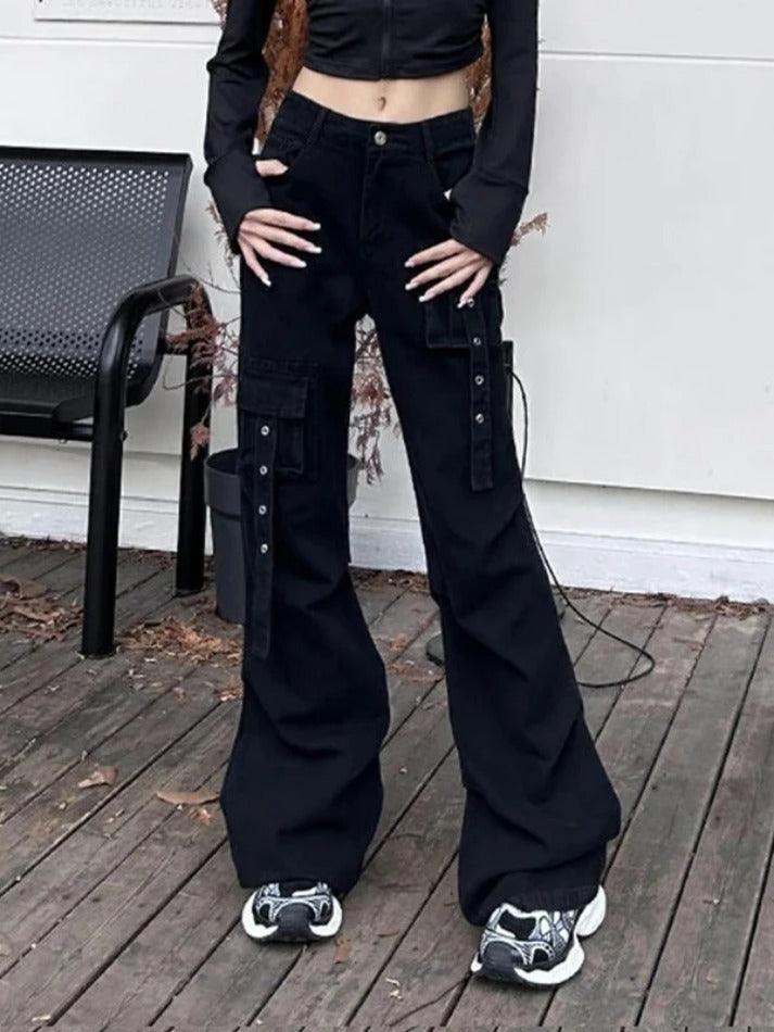 hnewly - Multi Pocket Eyelet Design Cargo Jeans HOT