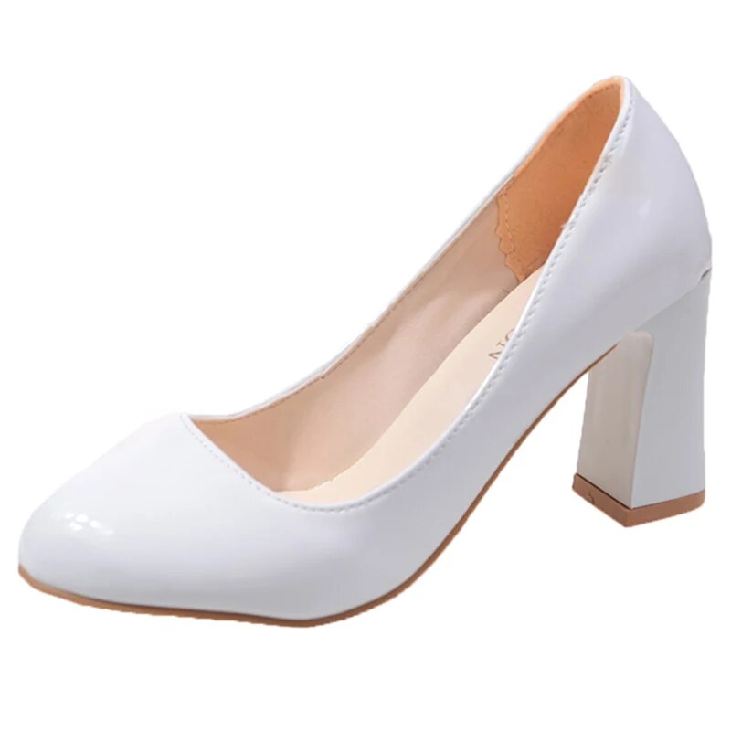 Hnewly New Women's Square Heels Office Shoes Patent Leather High Heel Pumps Women Round Toe Slip-On Autumn Shoes for Female