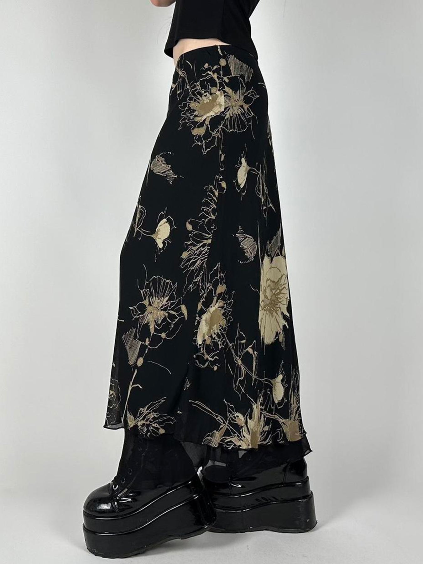 Hnewly - summer inspo Floral Print Two Layers Mesh Long Skirts For Women Vintage Elagant Fashion Low Waist Y2K Mermaid Skirt Vacation