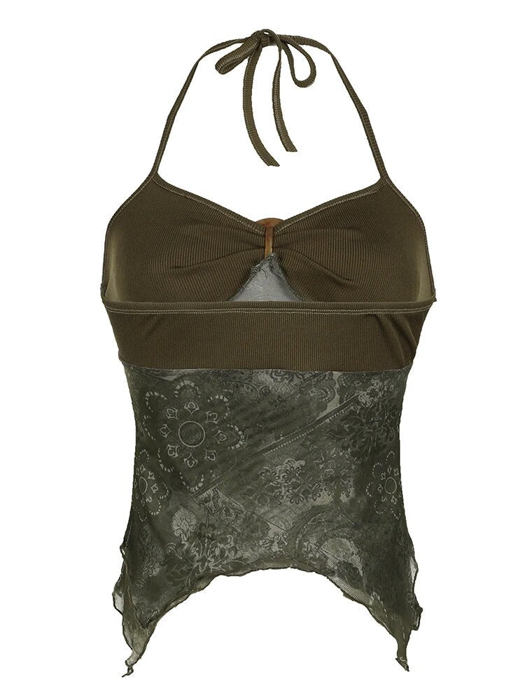Hnewly - summer inspo Retro Forest Green Vintage Print Boho Y2K Camisole Backless Halter Tie Asymmetrical Tops Women Summer Vacation Clothing