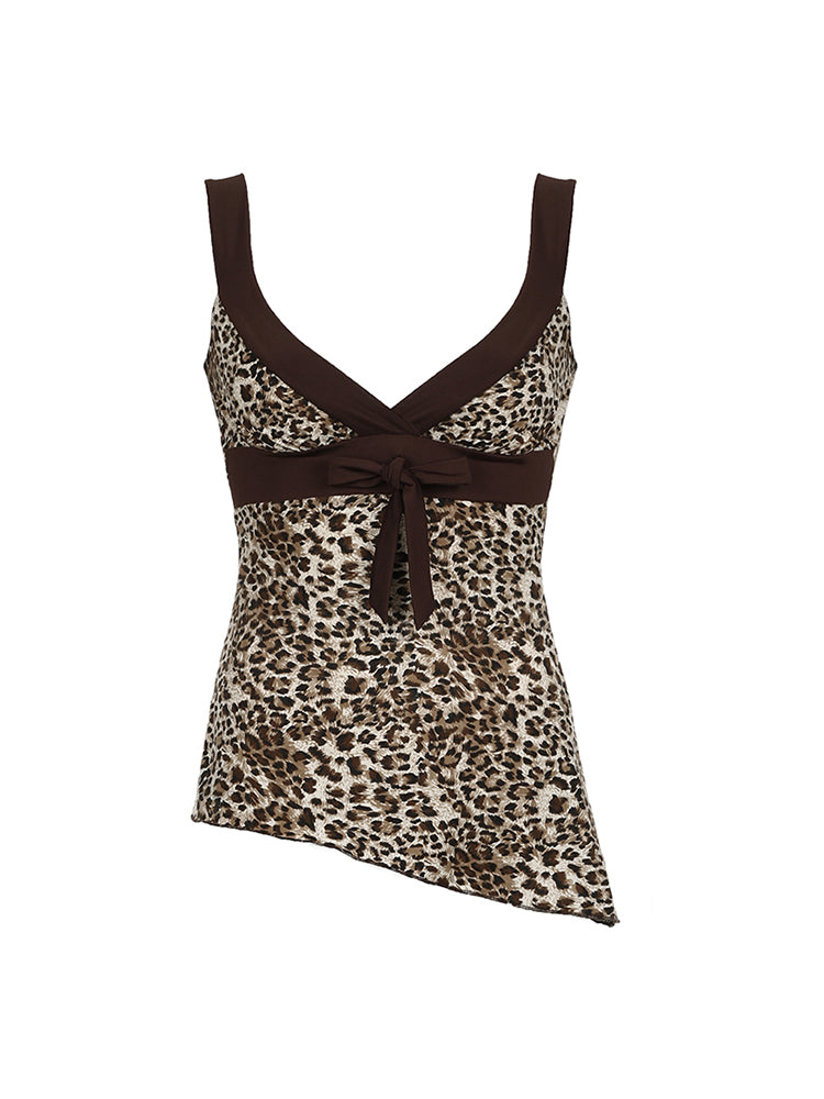Hnewly - summer inspo Contrast Patchwork Leopard Print Slim Asymmetrical Tank Vest Female V Neck Y2K Summer Camisole Tops